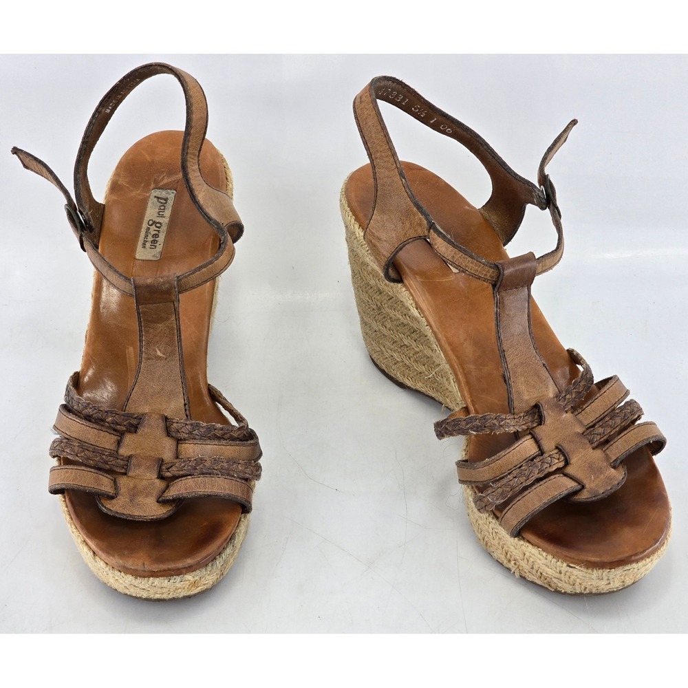 Paul Green Espadrille Wedge Sandals Womens 5.5 Brown Leather T-Strap - Good